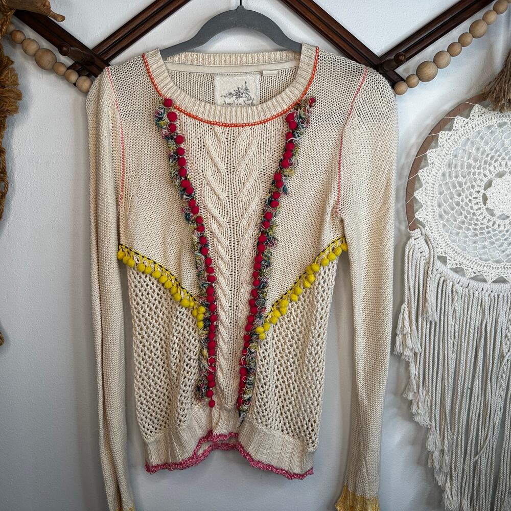 Anthropologie Angel of the North Pom Crochet Fringe Ivory Sweater